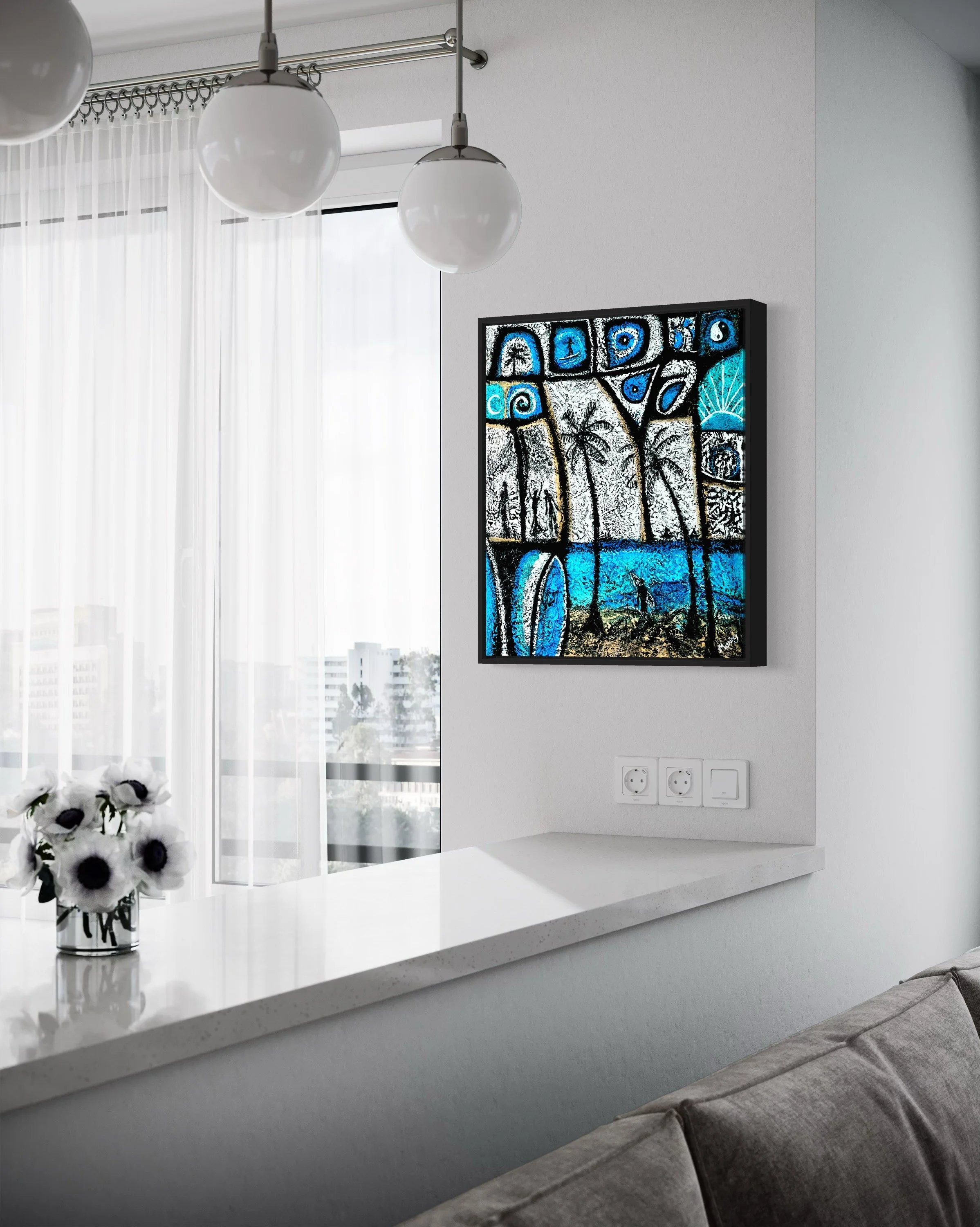 "Surfside Reverie" by Charles Maring: Framed beach painting with sunset hues, ideal for Savannah GA art lovers.