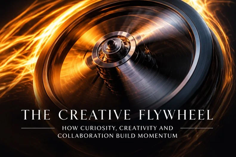 Glowing mechanical flywheel representing Charles Maring's Creative Flywheel keynote on curiosity, collaboration, innovation, and creative momentum.