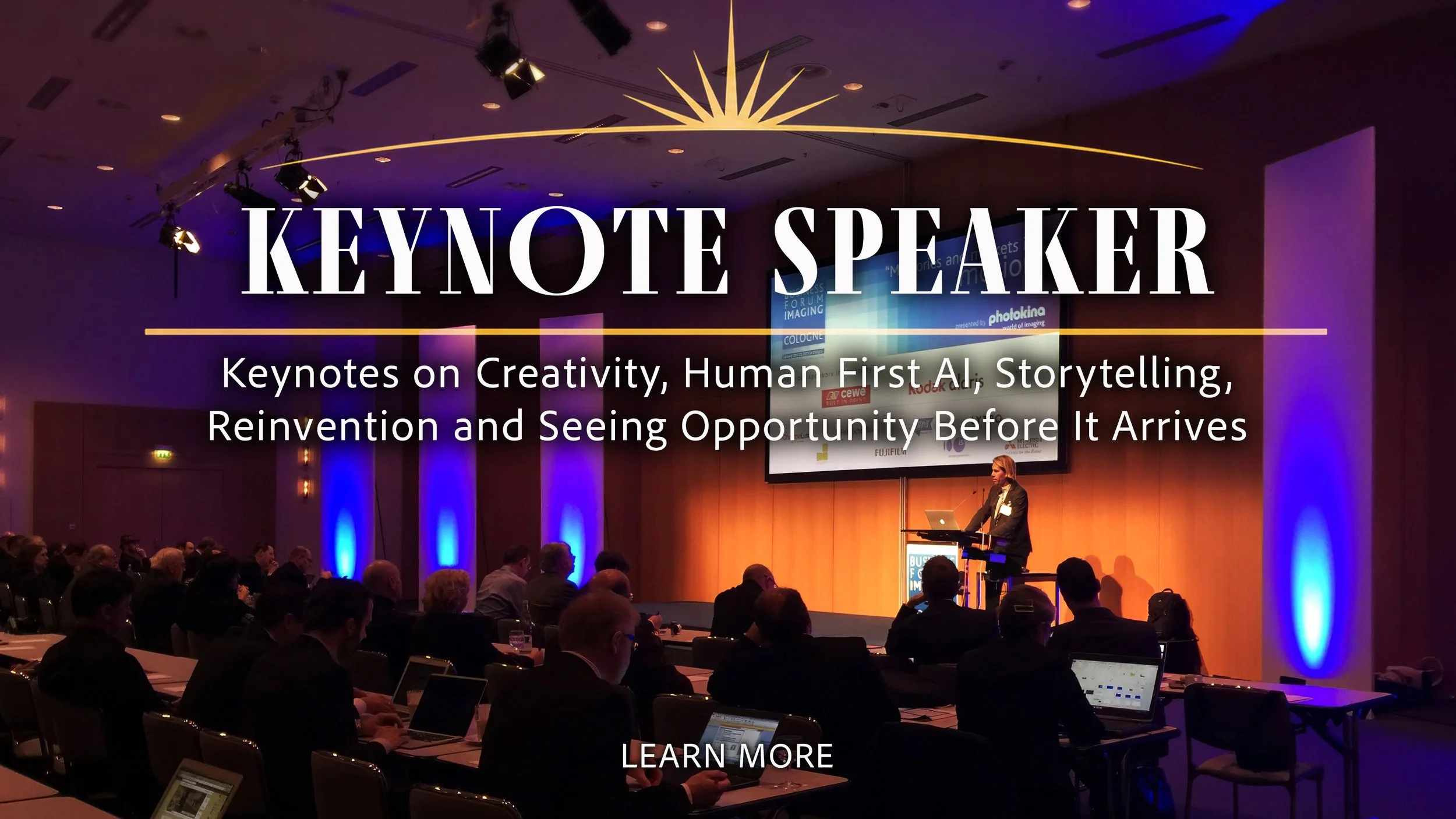 Charles Maring delivering a keynote presentation to a professional conference audience, highlighting creativity, human-first AI, storytelling, reinvention, and innovation.