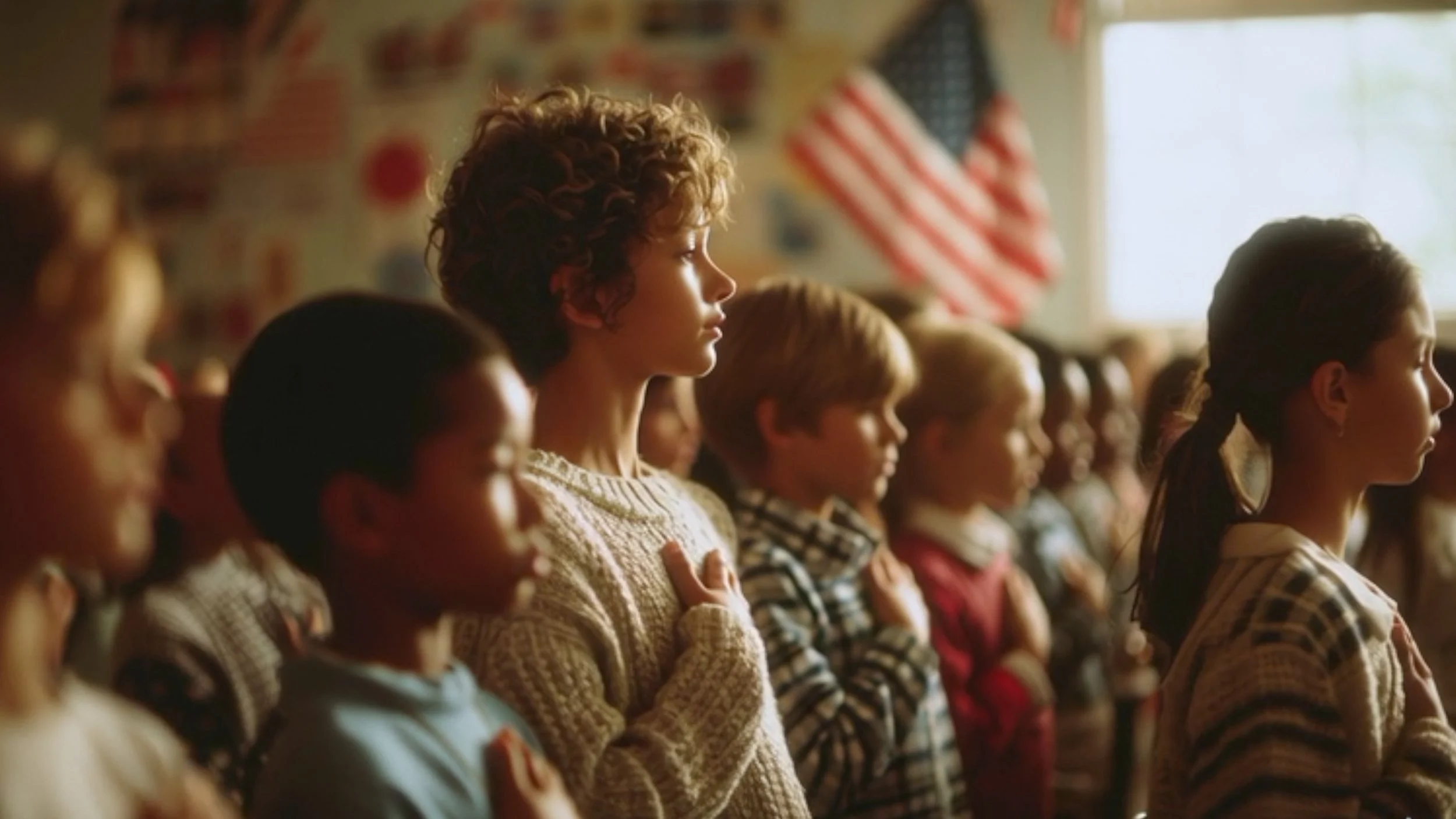 School children standing with hands over their hearts beside an American flag in a cinematic classroom scene.