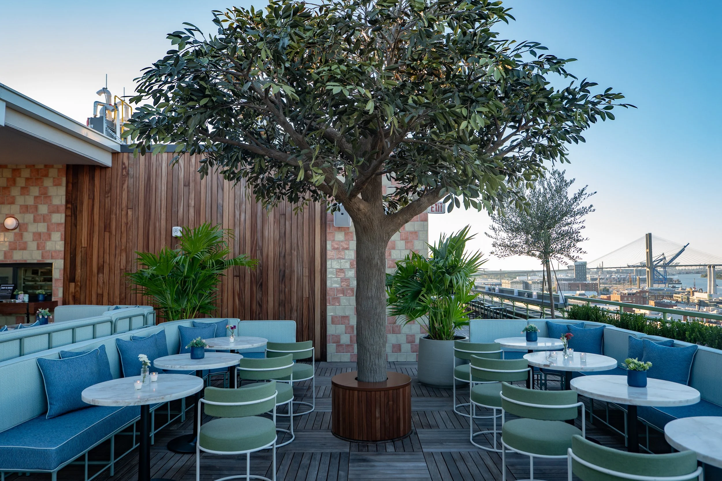 Rooftop lounge and outdoor hospitality spaces at Recess Savannah.