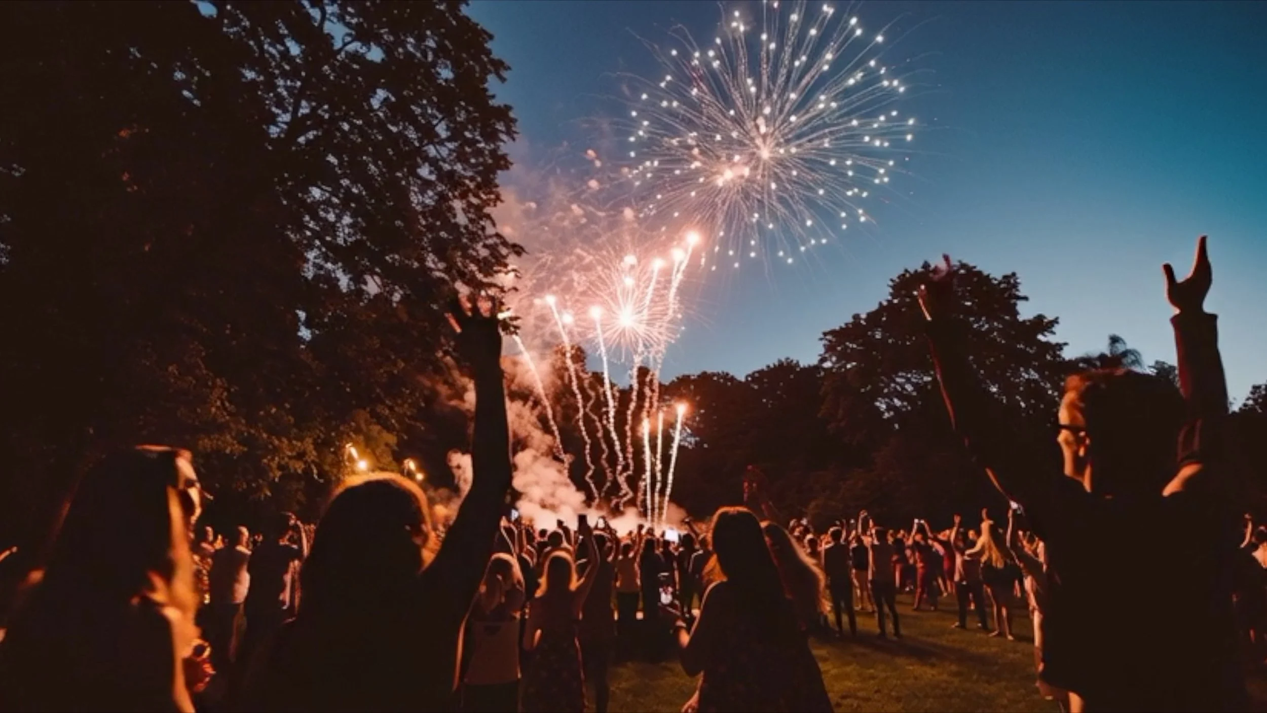 A crowd watches Fourth of July fireworks in a cinematic scene created for an AI assisted brand film.