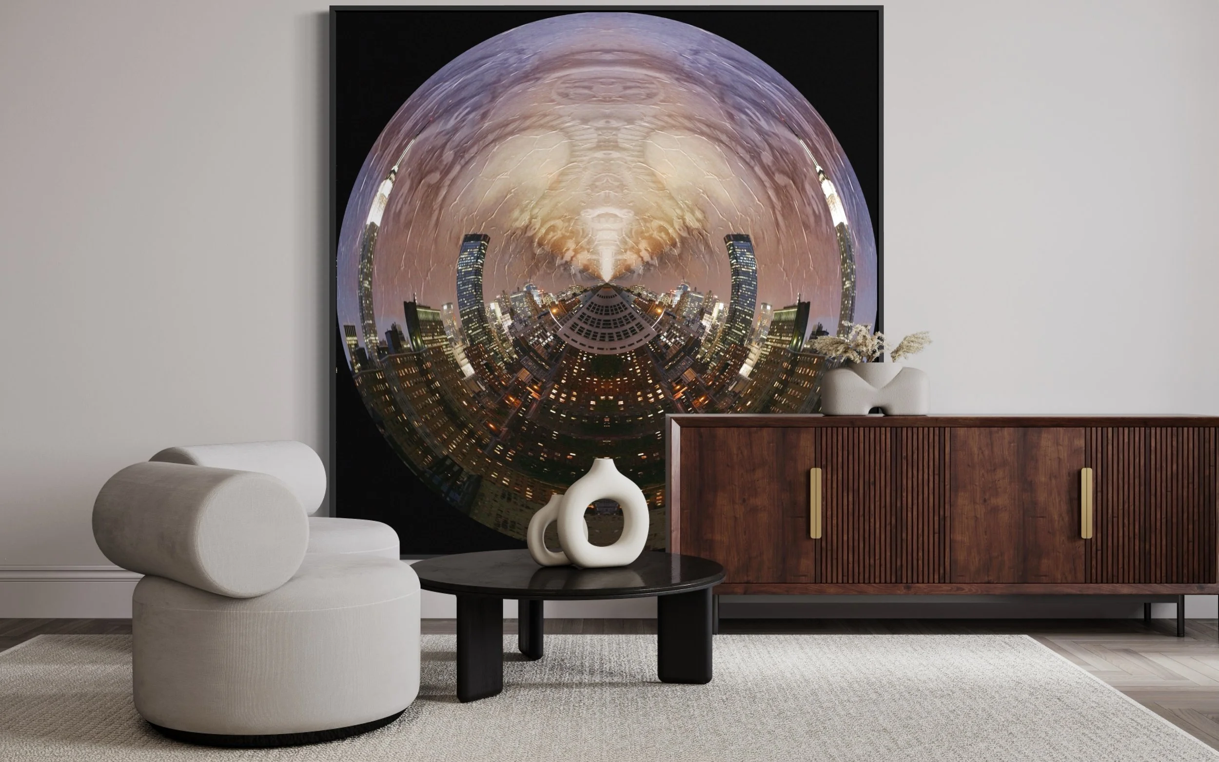 Large-scale installation of The Aviator by Charles Maring, a circular abstraction of the Manhattan skyline displayed in a contemporary interior.