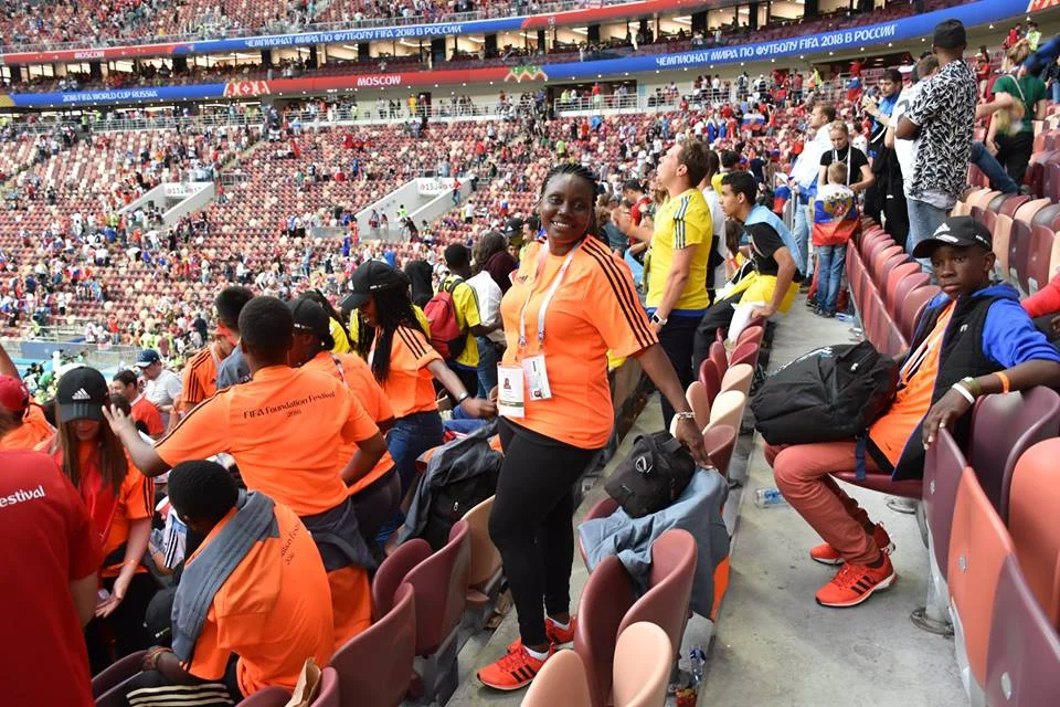 Pictured: Dorcas watches the Russia v Spain game on her recent trip to the FIFA Foundation festival in World Cup host city, Moscow. 