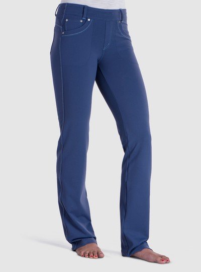 The KÜHL MØVA STRAIGHT™ pant features KONTOUR™ fabric, a soft and durable stretch nylon made to look like woven fabric for texture and appeal. KONTOUR™ fabric holds its shape for a flattering, feminine fit. A contoured waistband and KühlKURVE™ fit make the MØVA STRAIGHT extremely comfortable. The internal draw cord provides a custom fit, and the faux fly makes for easy on/off. 5-pocket jean styling adds flair. The MØVA STRAIGHT is fitted through the hips and upper thigh and looser through the knee and lower leg.