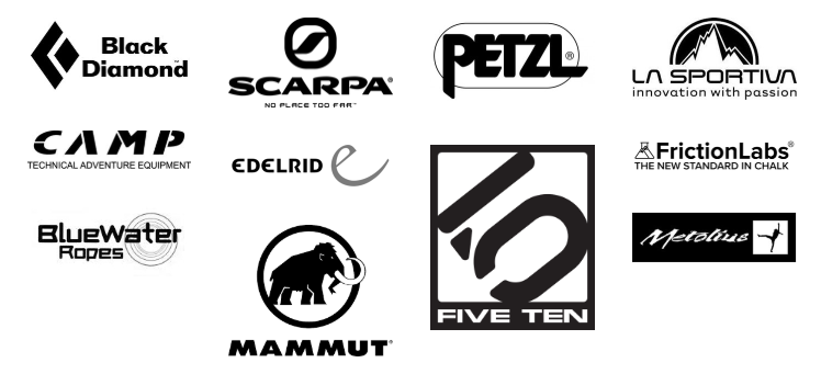 Our top climbing brands and gear include, Black Diamond, Scarpa, Petzl, La Sportiva, CAMP, Edelrid, Five Ten, Friction Labs, Metolius, Mammut, Blue Water Ropes, and more. 