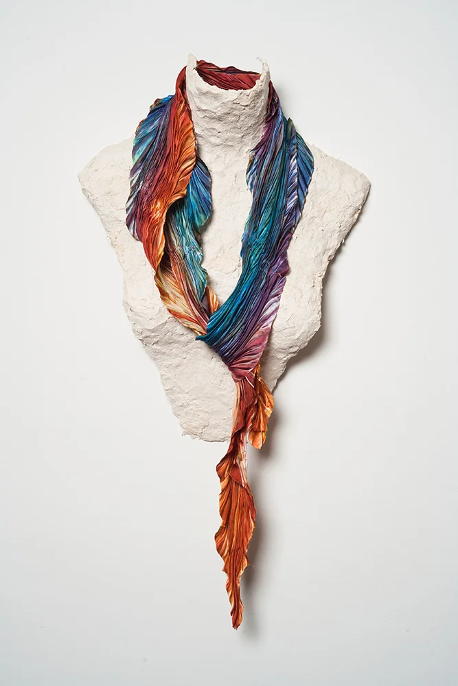 Arashi Shibori ombre dyed silk petal scarf. Hand-painted button “Bolero” necklace.