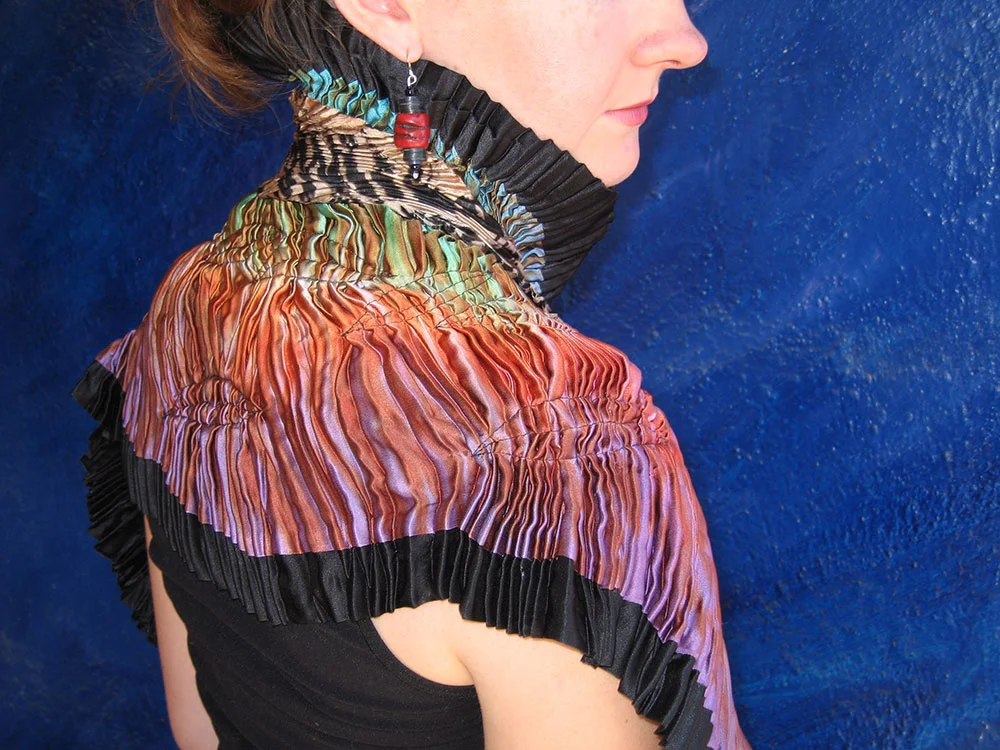 Arashi Shibori dyed and pleated silk shawl.