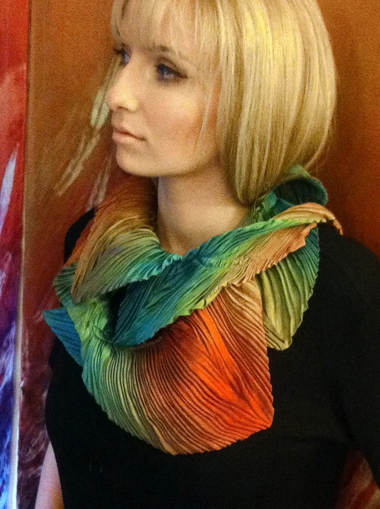 Arashi Shibori pleated silk petal scarf.