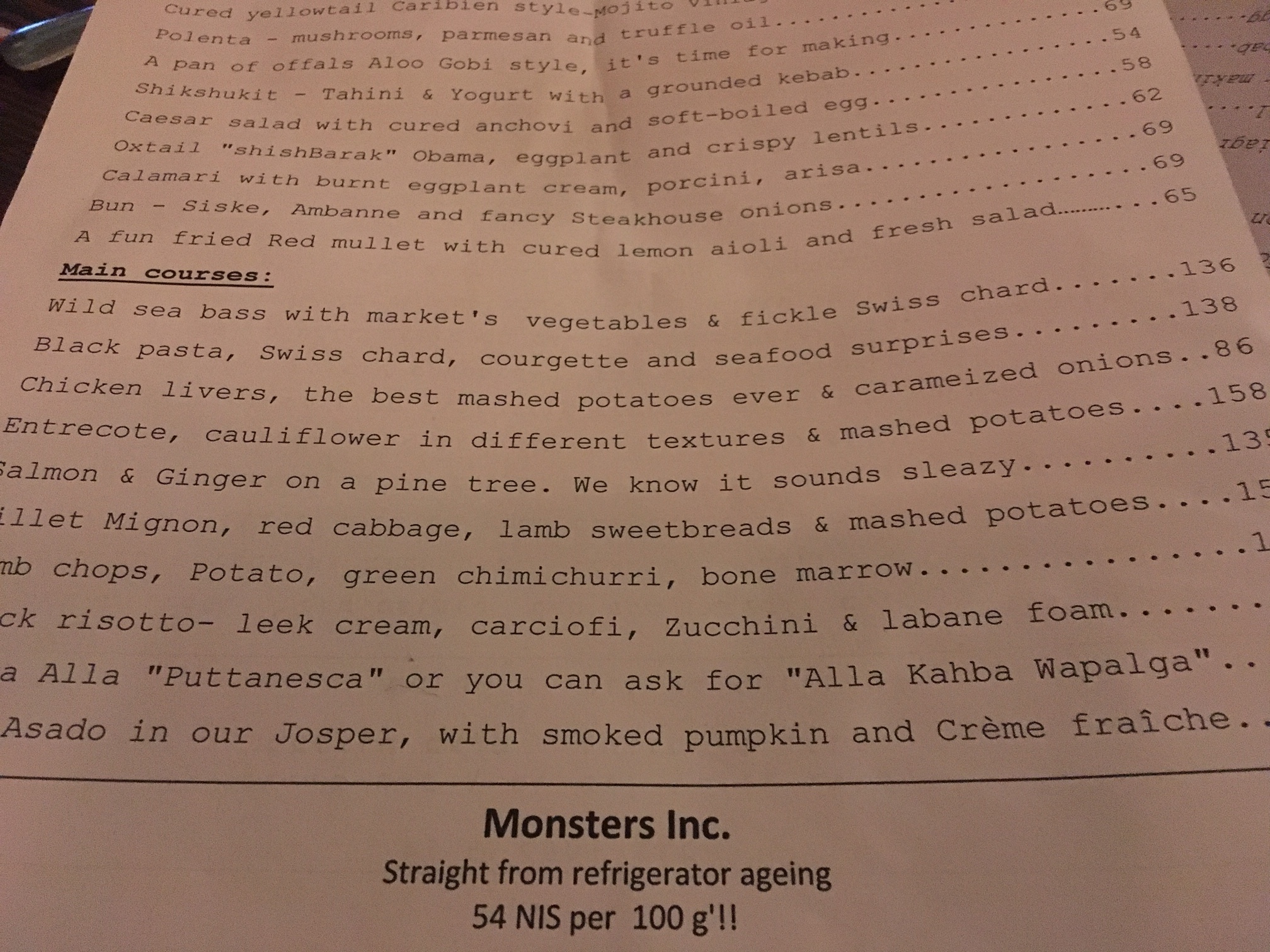 Machneyuda restaurant menu