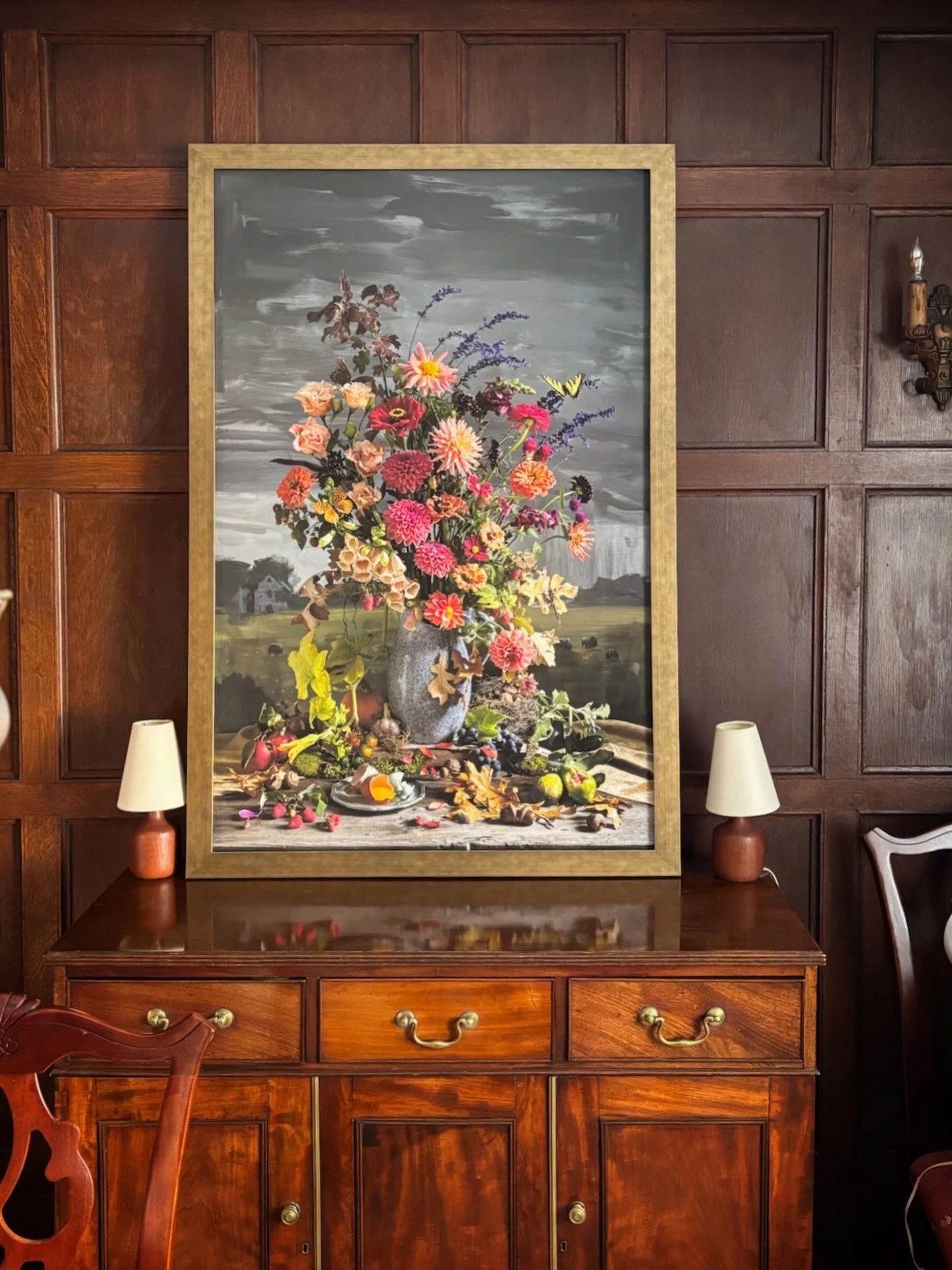 I love getting snapshots of framed artwork in collectors homes!! The first is 50&rdquo; tall &amp; the one with a red mat is 30&rdquo;. Both clients chose a gold frame that echoes the gold velvet cloth on the table. 
Swipe to the last frame to see th