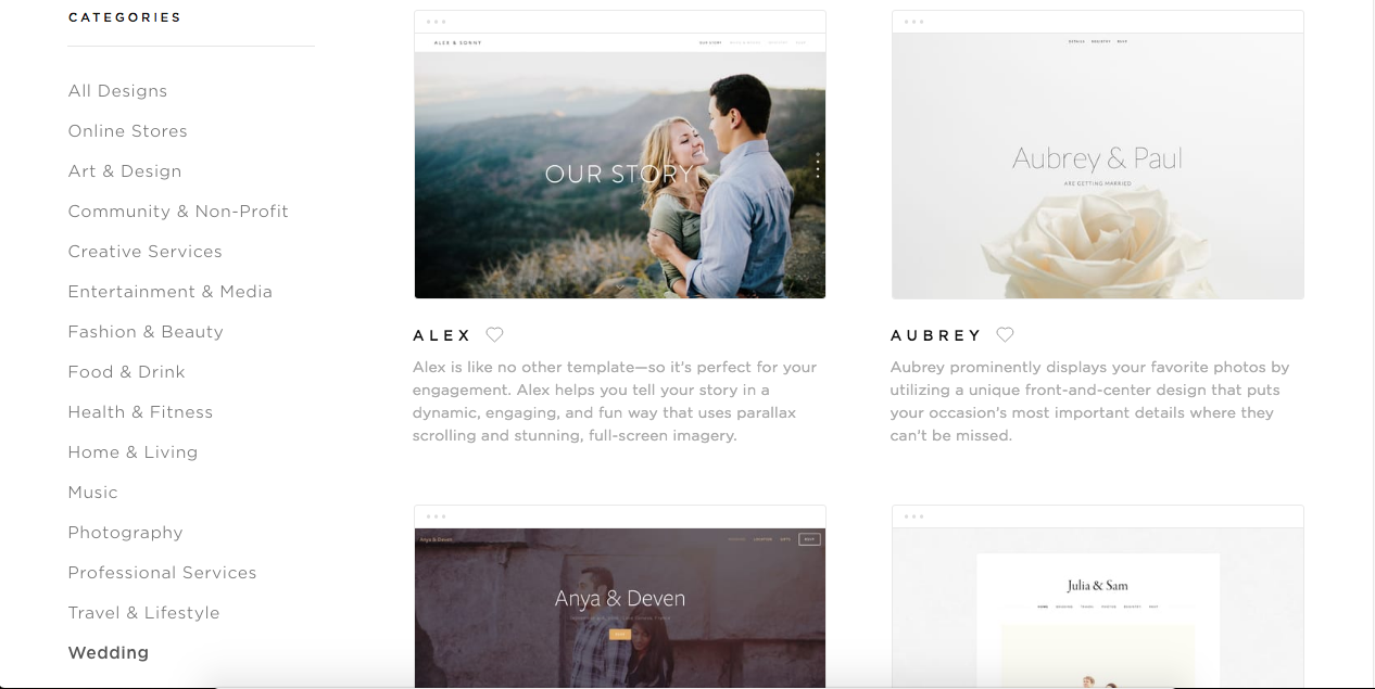 In the sample site I've created I am using the template Hatch, which is not actually considered a wedding template, but looks great and has all of the functionality you'll need. 