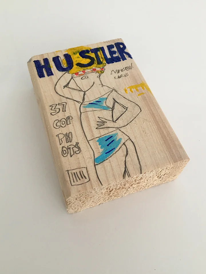 Discarded 5. (Scrap wood + acrylic + sharpie).