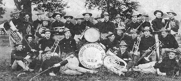 The band depicted is the 15th Regiment Band, circa 1898