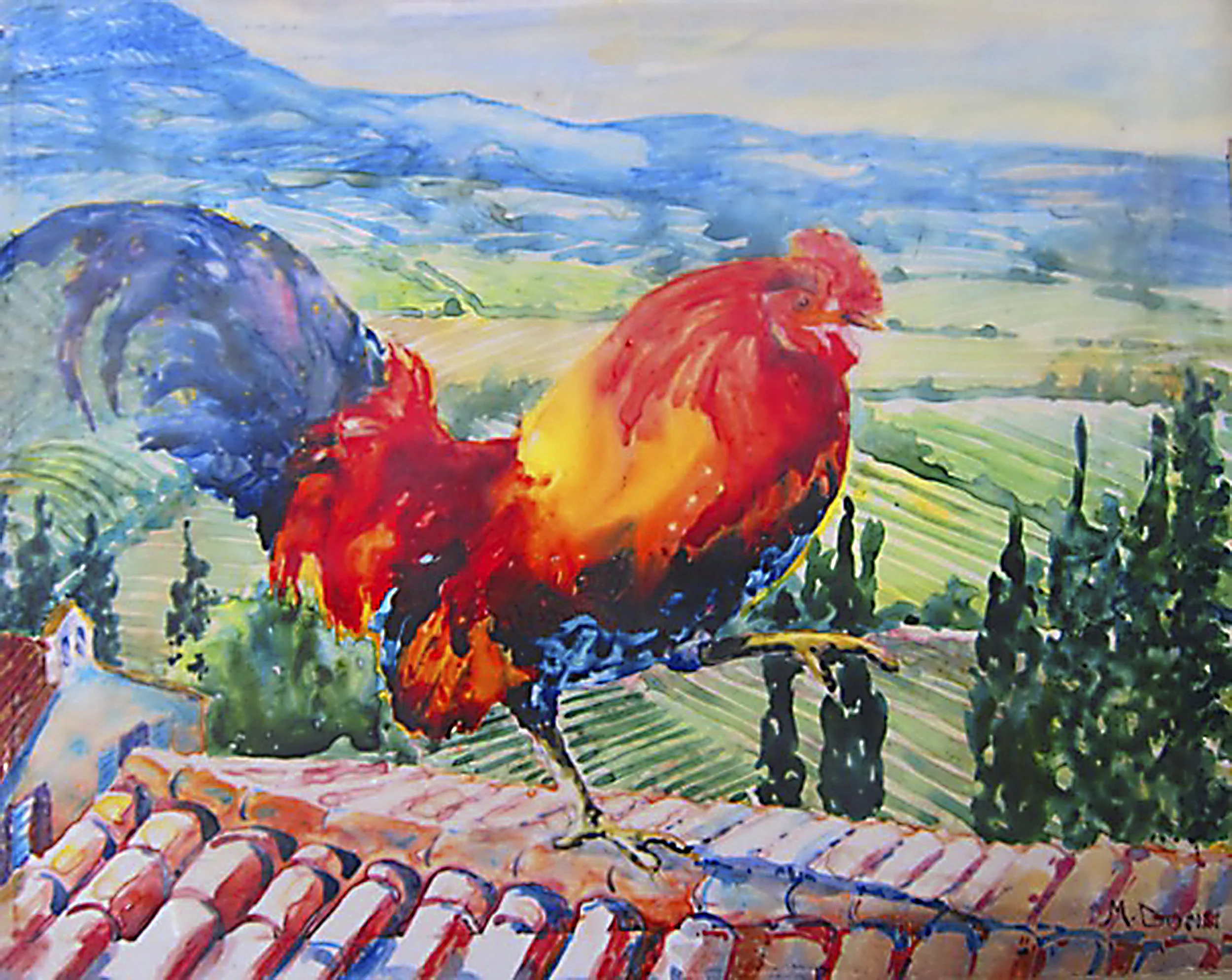 ROOSTER ON ITALIANROOF, 11-X14-, encaustic on birch cradle, jpg..jpg