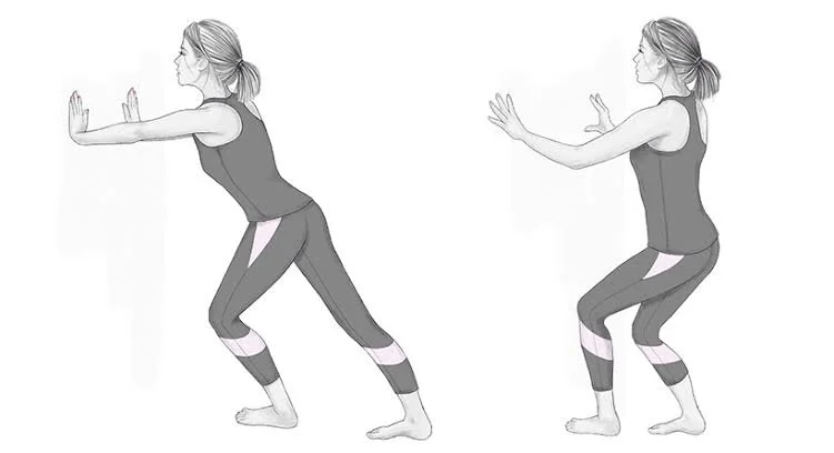1. Gastrocnemius stretch: Stand near a wall with one foot in front of the other, front knee slightly bent. Keep your back knee straight, your heel on the ground, and lean toward the wall. Feel the stretch all along the back leg. Hold for 30 seconds.  2. Soleus stretch: Same as the stretch mentioned before, but now you will bend the back knee making sure your heel stays on the ground. Feel the stretch along the bottom part of the back of your calves. Hold for 30 seconds.