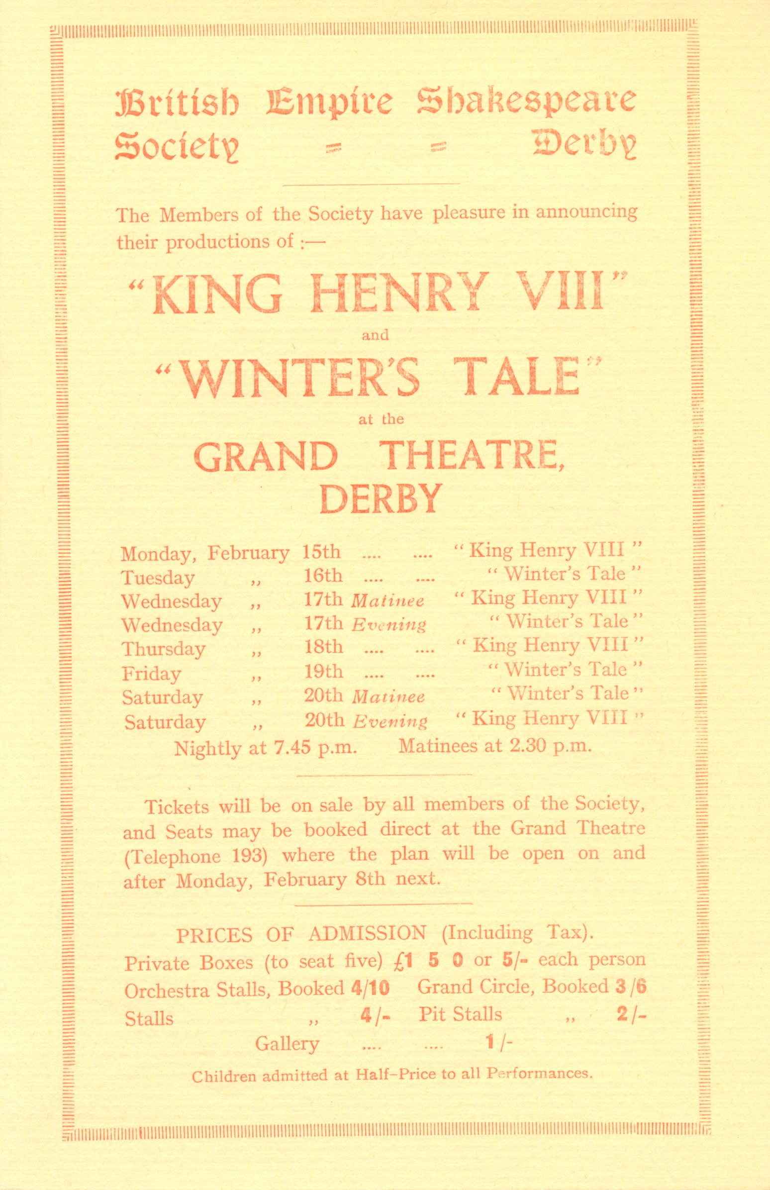 'Henry VIII' & 'The Winter's Tale' 1932