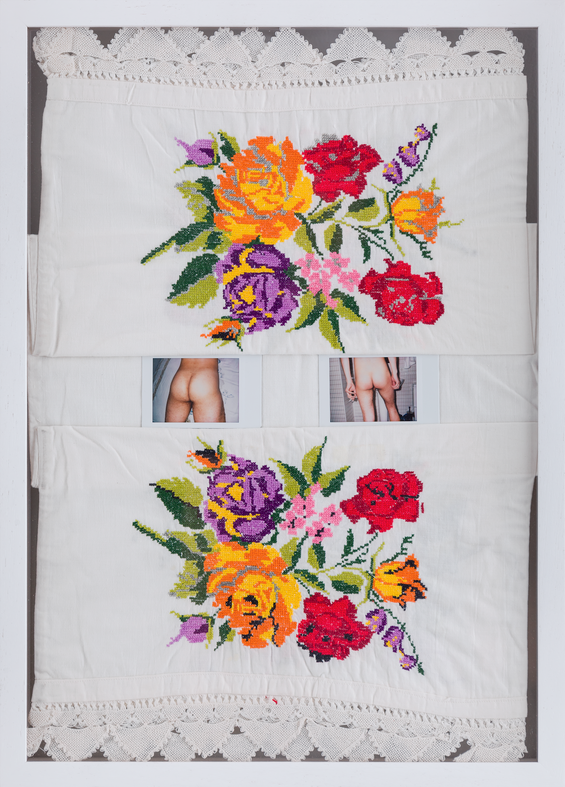 Ben and Miron, handcraft pillow case and polaroid, 56,5 x 40,5 cm, 2016. Private collection
