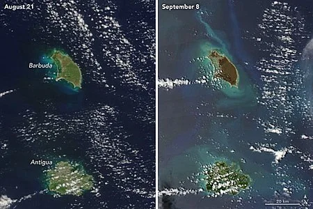 Satellite images of Antigua and Barbuda from August 21, 2017, and September 8, 2017, illustrating the damage caused by Hurricane Irma to Barbuda