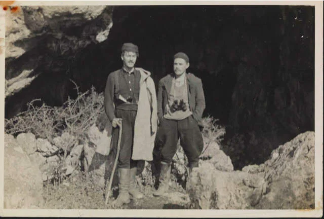 Patrick Leigh Fermor and Alec Tarves, January/February 1943 at the 'Lice cave'.