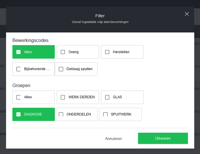Filter hier eventueel op de groep DIAGNOSE