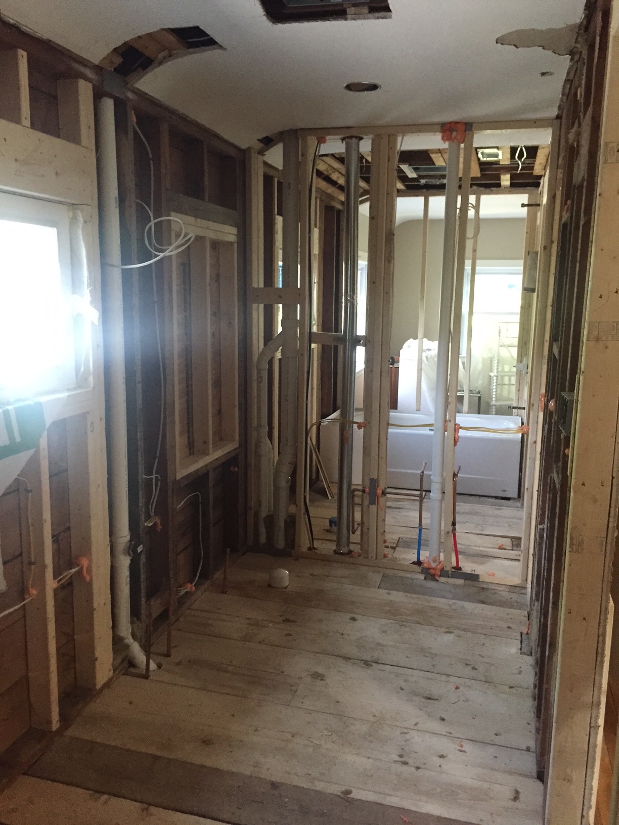 From that one tiny bathroom, we took out a closet and a linen closet to make a kid's bathroom and a master bath.