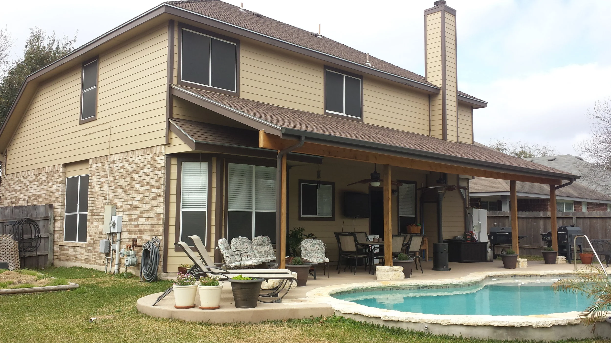 Replaced siding with James Hardie plank, & Built new patio cover with cedar posts and beam