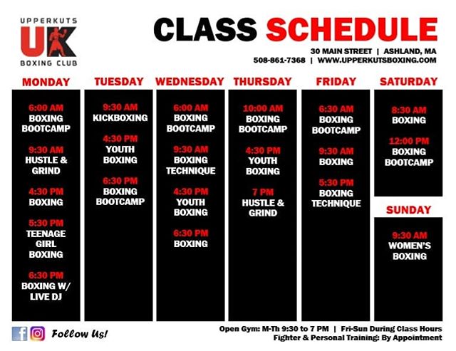 ALERT‼ Our NEW weekly class schedule starts TOMORROW! Sign up for your classes through our app or online!
⠀⠀⠀⠀⠀⠀⠀⠀⠀
➡️ www.upperkutsboxing.com
⠀⠀⠀⠀⠀⠀⠀⠀⠀
⠀⠀⠀⠀⠀⠀⠀⠀⠀
...............................
#upperkutsboxing #fitness #culture #goodvibes #motivati