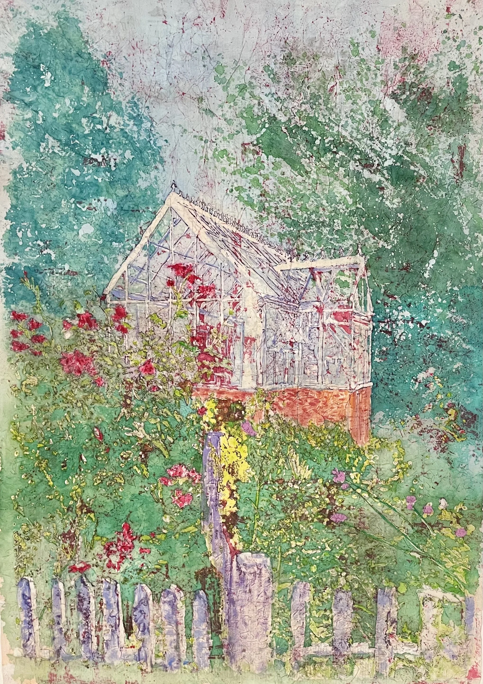 Provincetown Garden, Line &amp; Wash Watercolor Batik on Kinwashi Rice Paper.