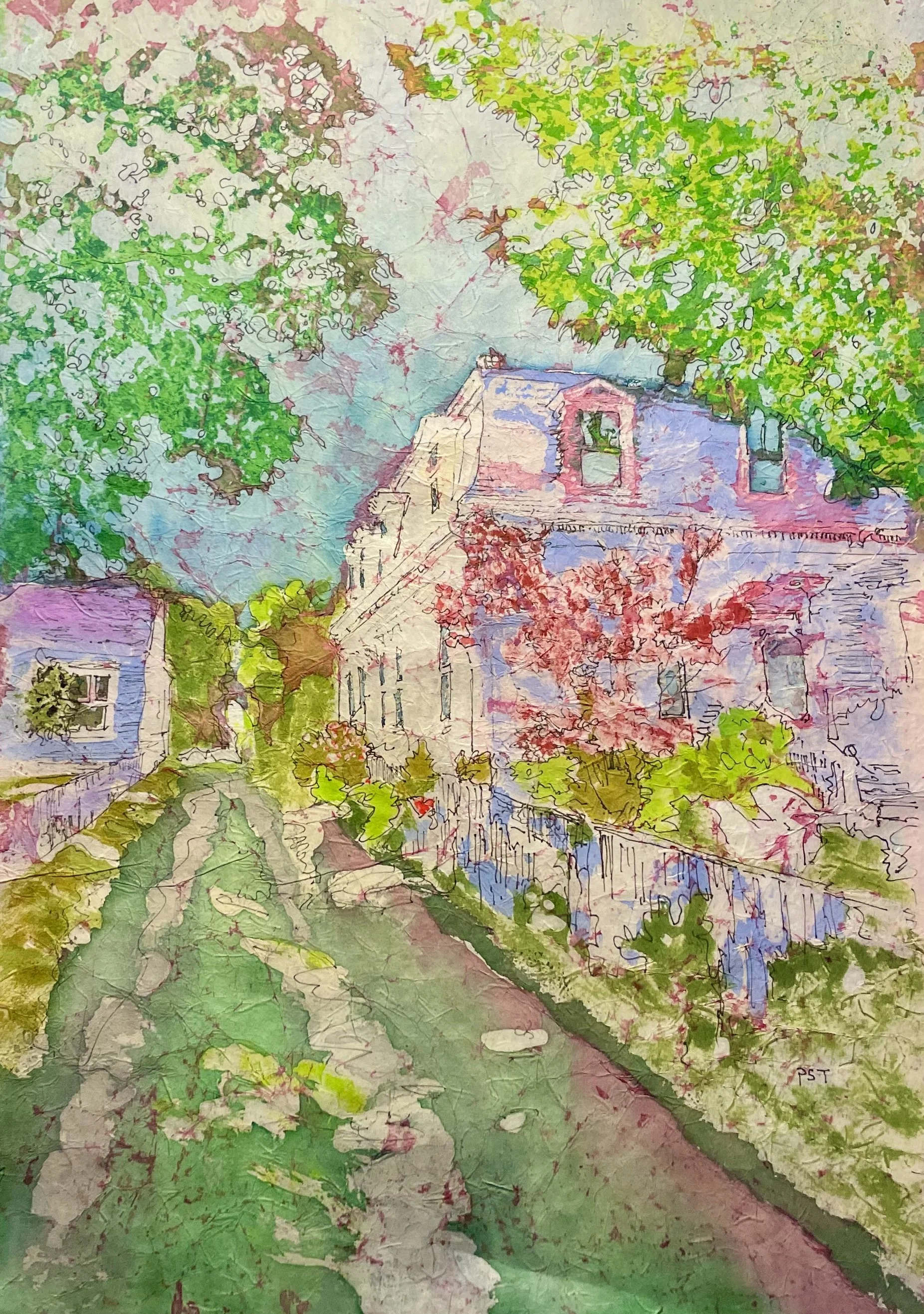 SnowStreet, Line &amp; Wash Watercolor Batik on Kinwashi Rice Paper.