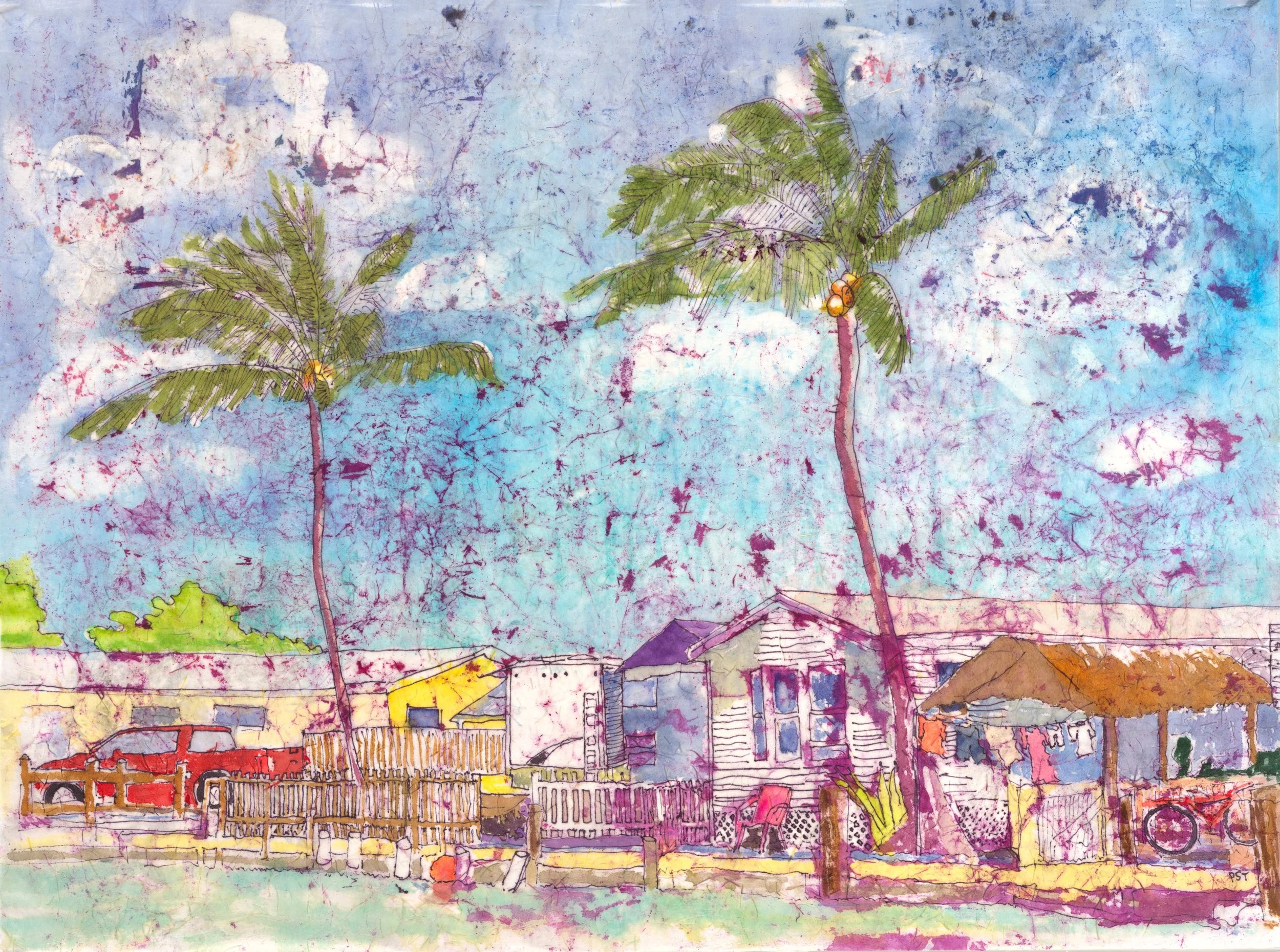 Castaways, Line &amp; Wash Watercolor Batik on Kinwashi Rice Paper.