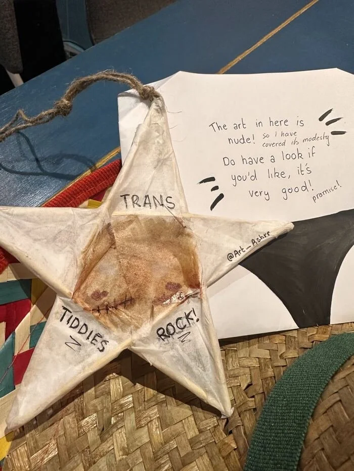 A hand made fabric star with a handwritten note, left in the Lavender Locker