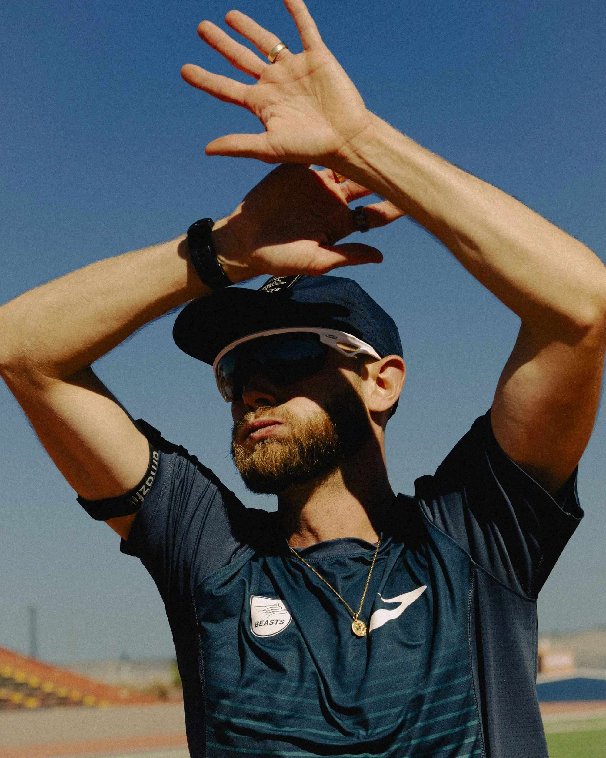 Josh Kerr stretching prior to a training session in New Mexico.