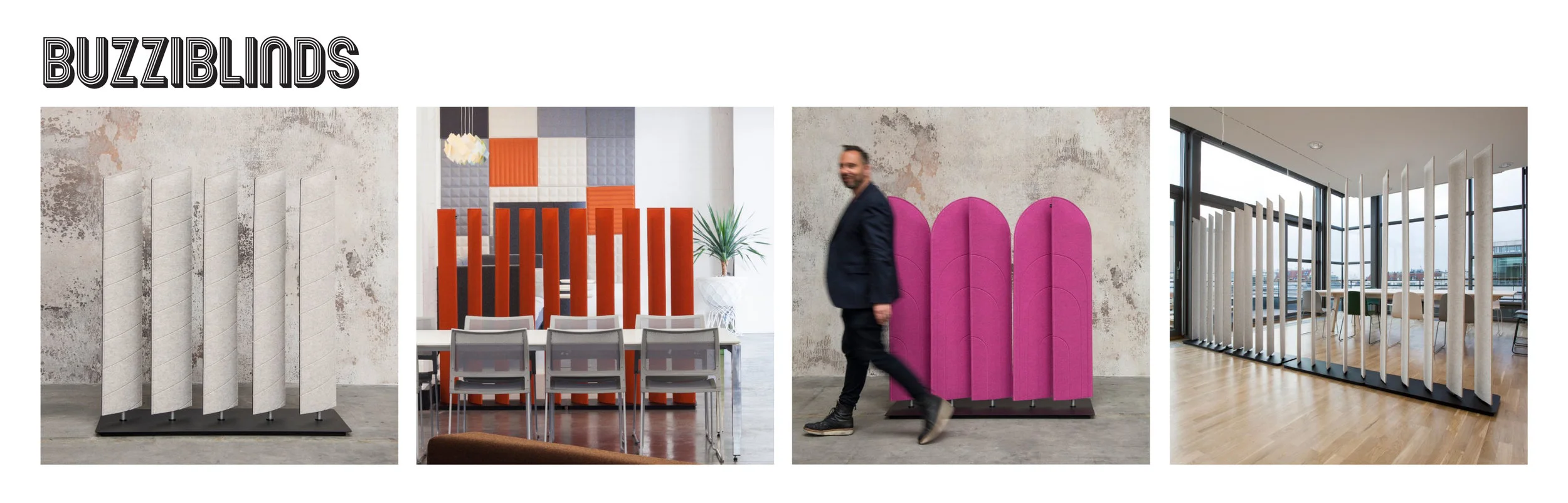 Is your open office feeling too open? Try these acoustical freestanding room dividers covered in Buzzifelt that can rotate to be opened or closed with a simple twist to create privacy or open up a space.