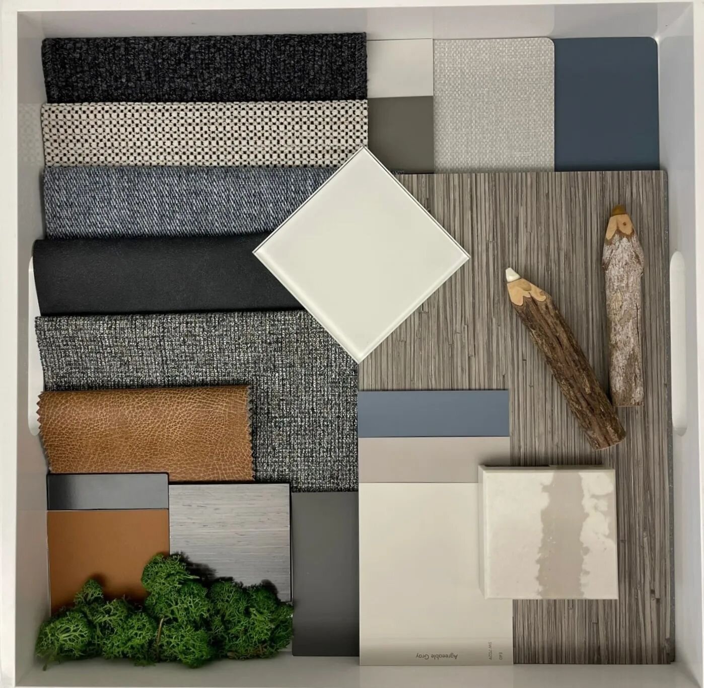 Today's #NewTrayTuesday is courtesy of Michele, one of our talented NCIDQ certified Interior Designers. 

This moody board, perfect for today's rainy fall day, is a blend of manufacturers. A perfect example of how we narrow down millions of possibili