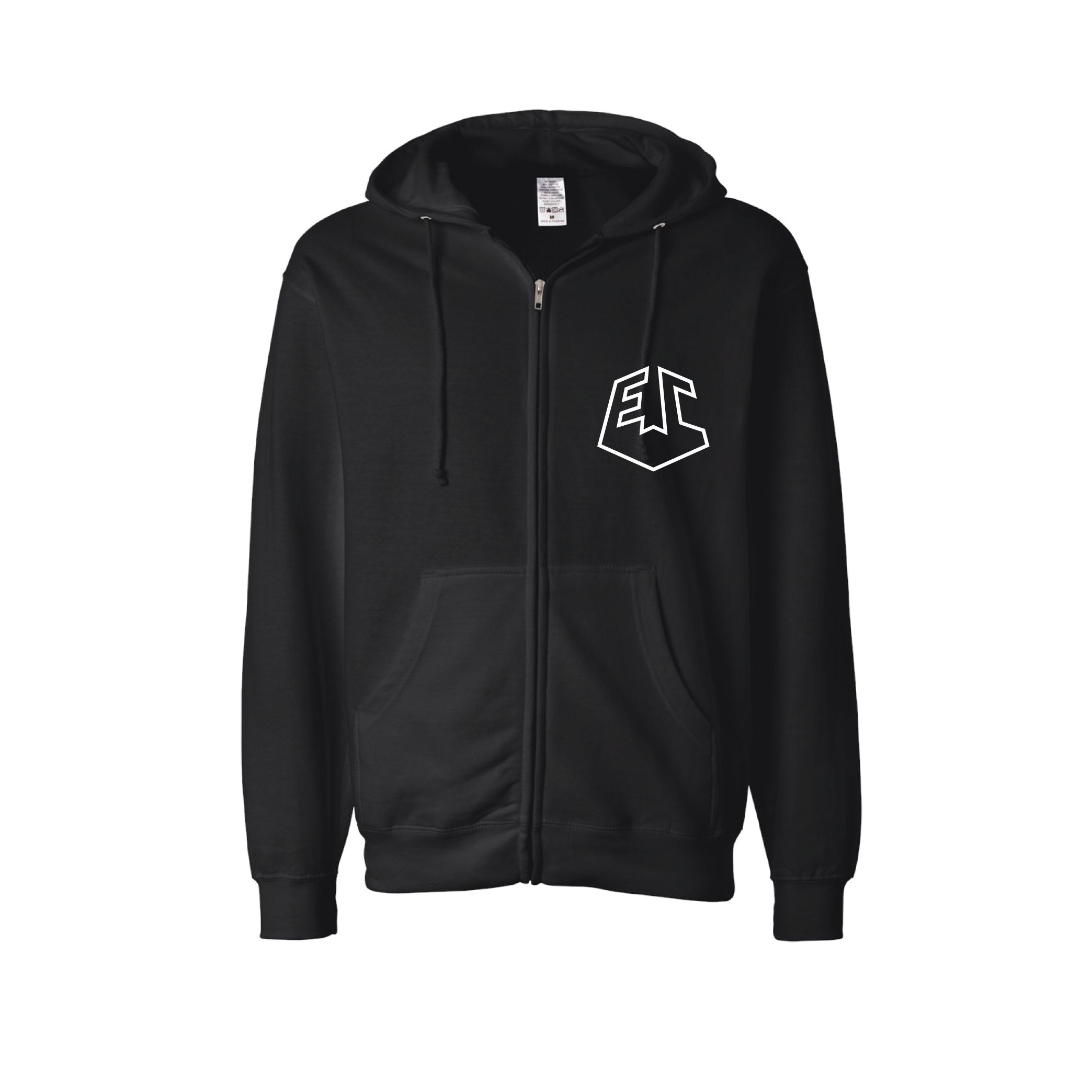 Black Elevator Hoodie with white logo on white background