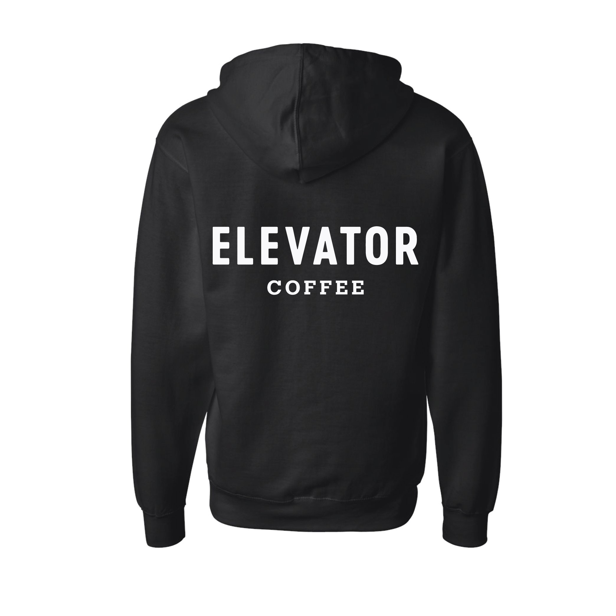 Back of Elevator Coffee Black Hoodie on white background.