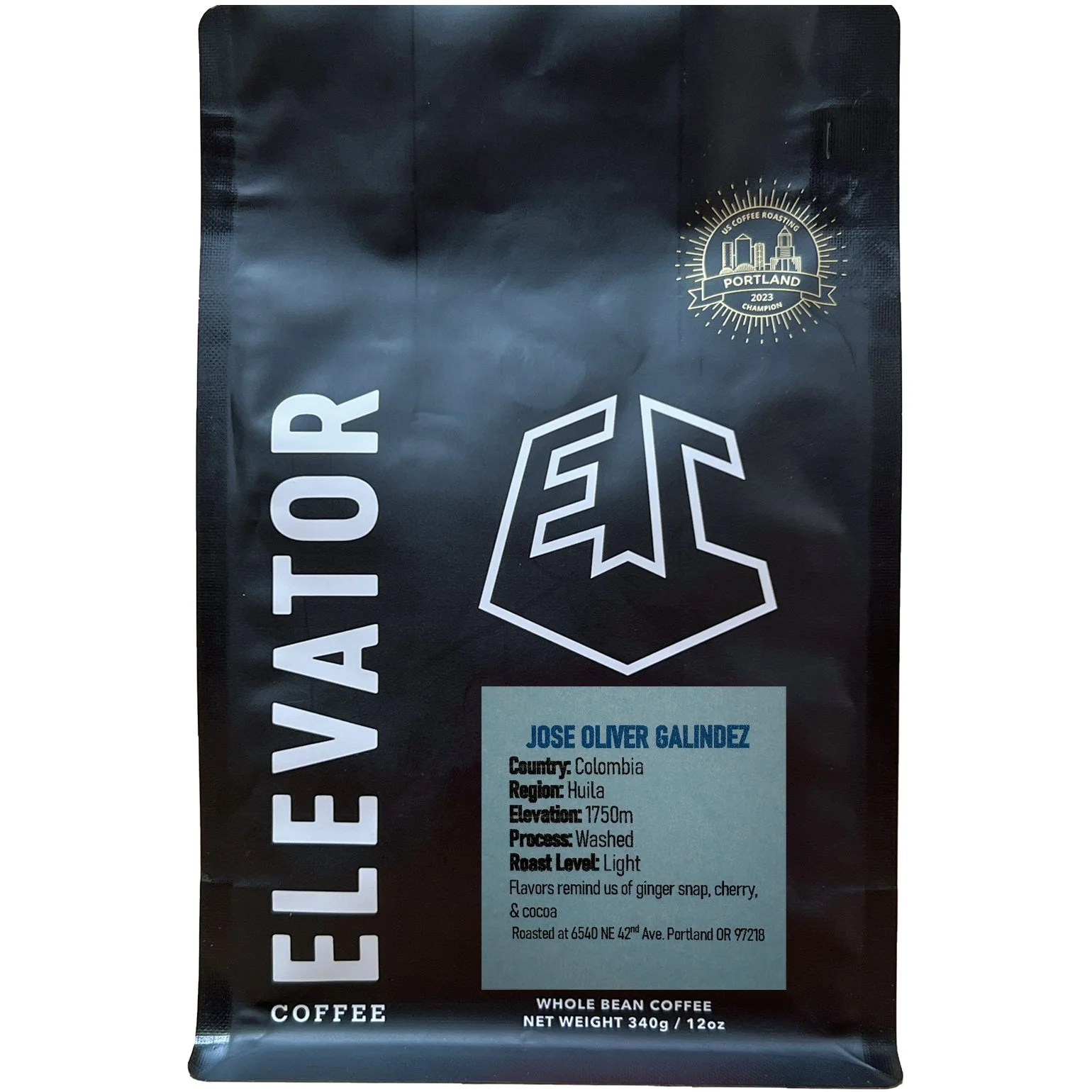 Jose Oliver Galindez coffee bag from Elevator Coffee on white background