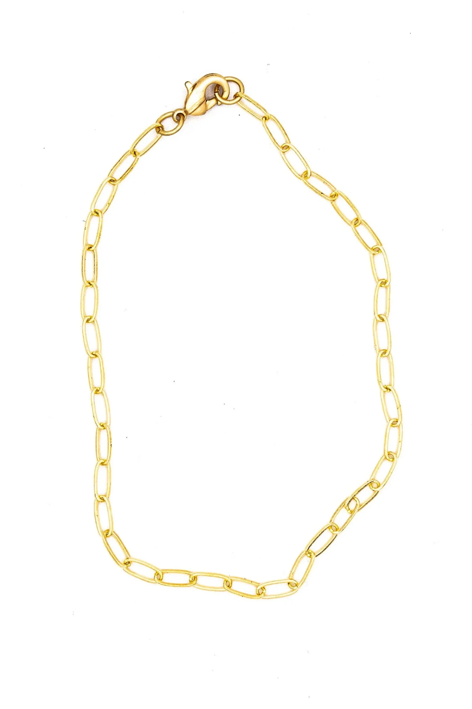Gold-filled paperclip chain bracelet on white background