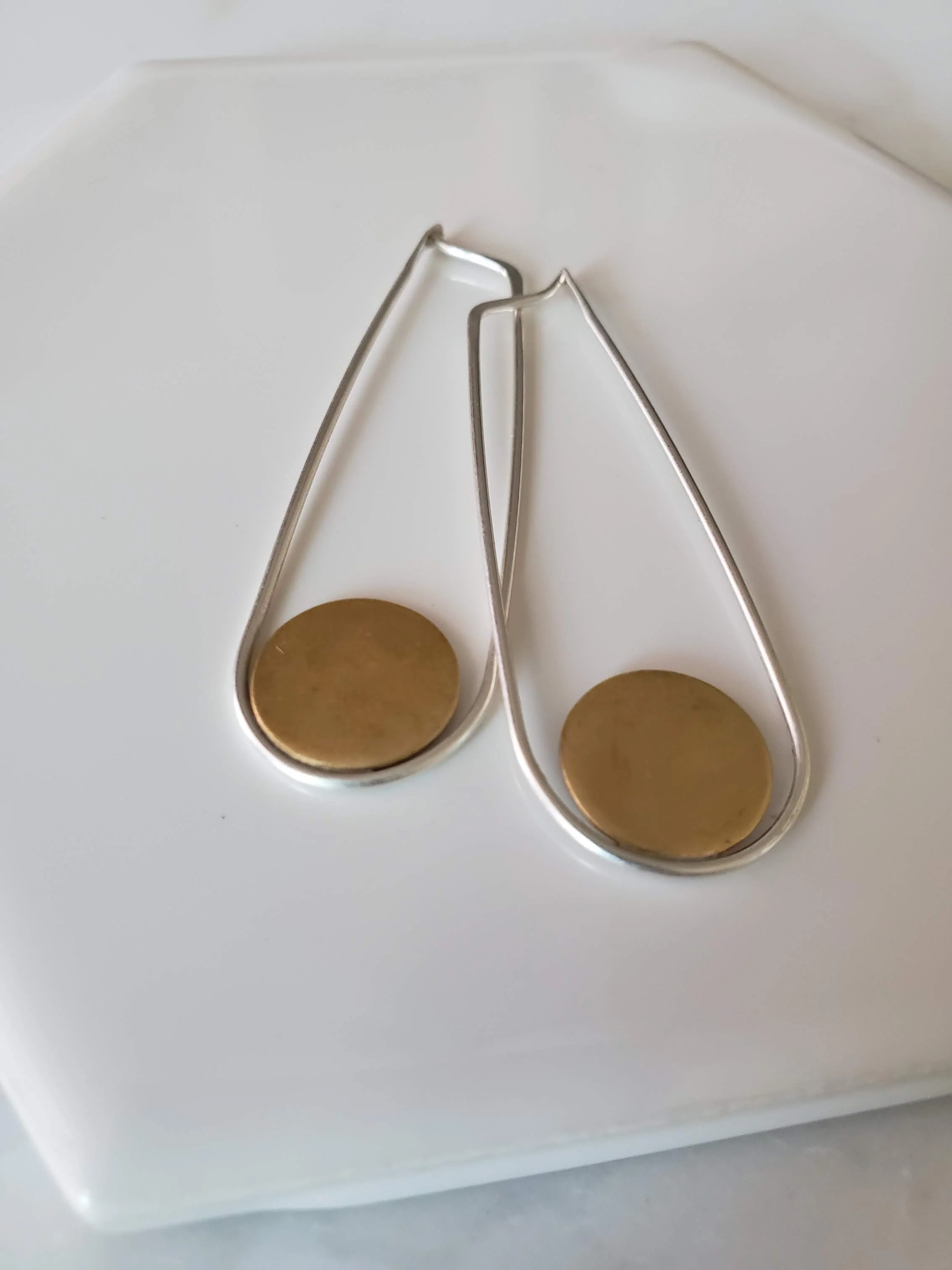 Brushed brass and shiny sterling silver geometric hoop earrings