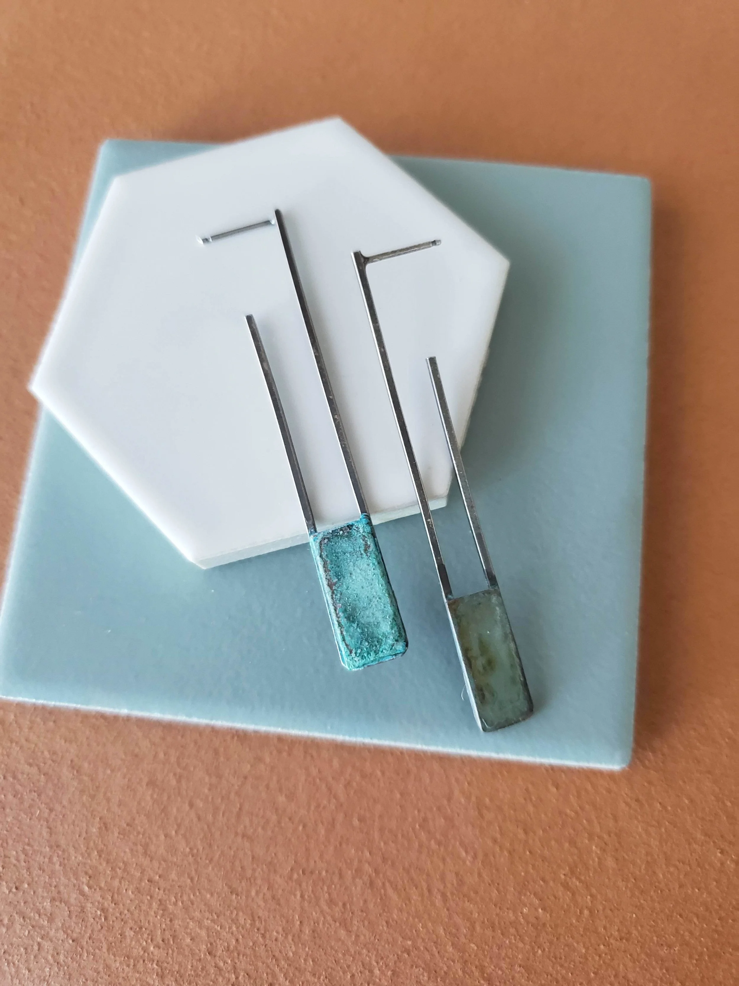 Turquoise and silver geometric rectangle hoop earrings