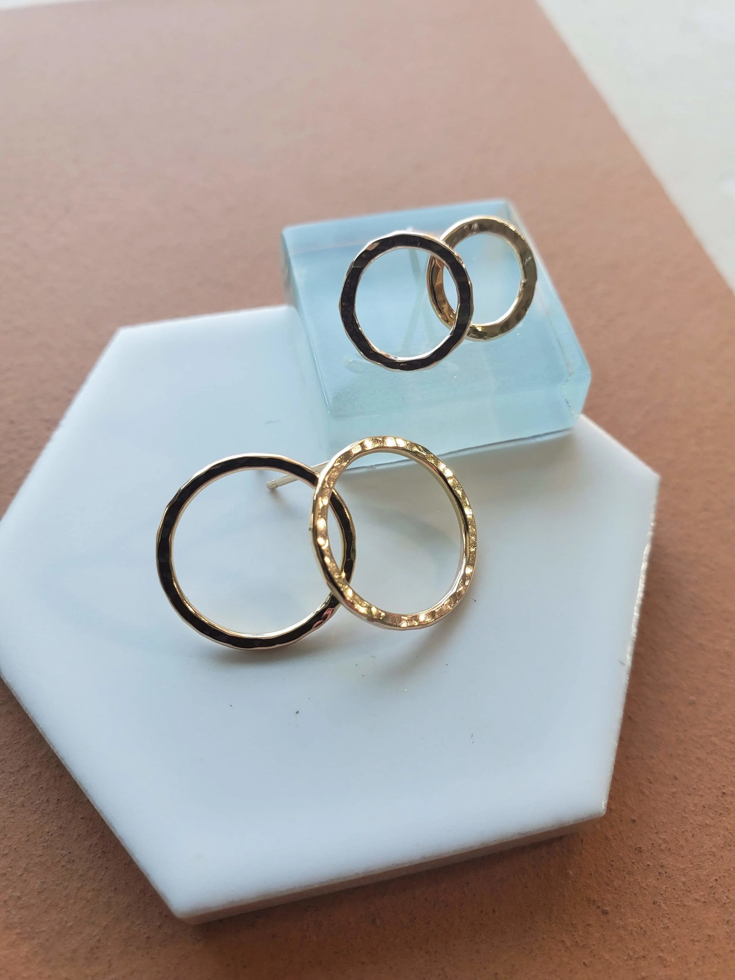 gold textured stud post loop hoop earrings