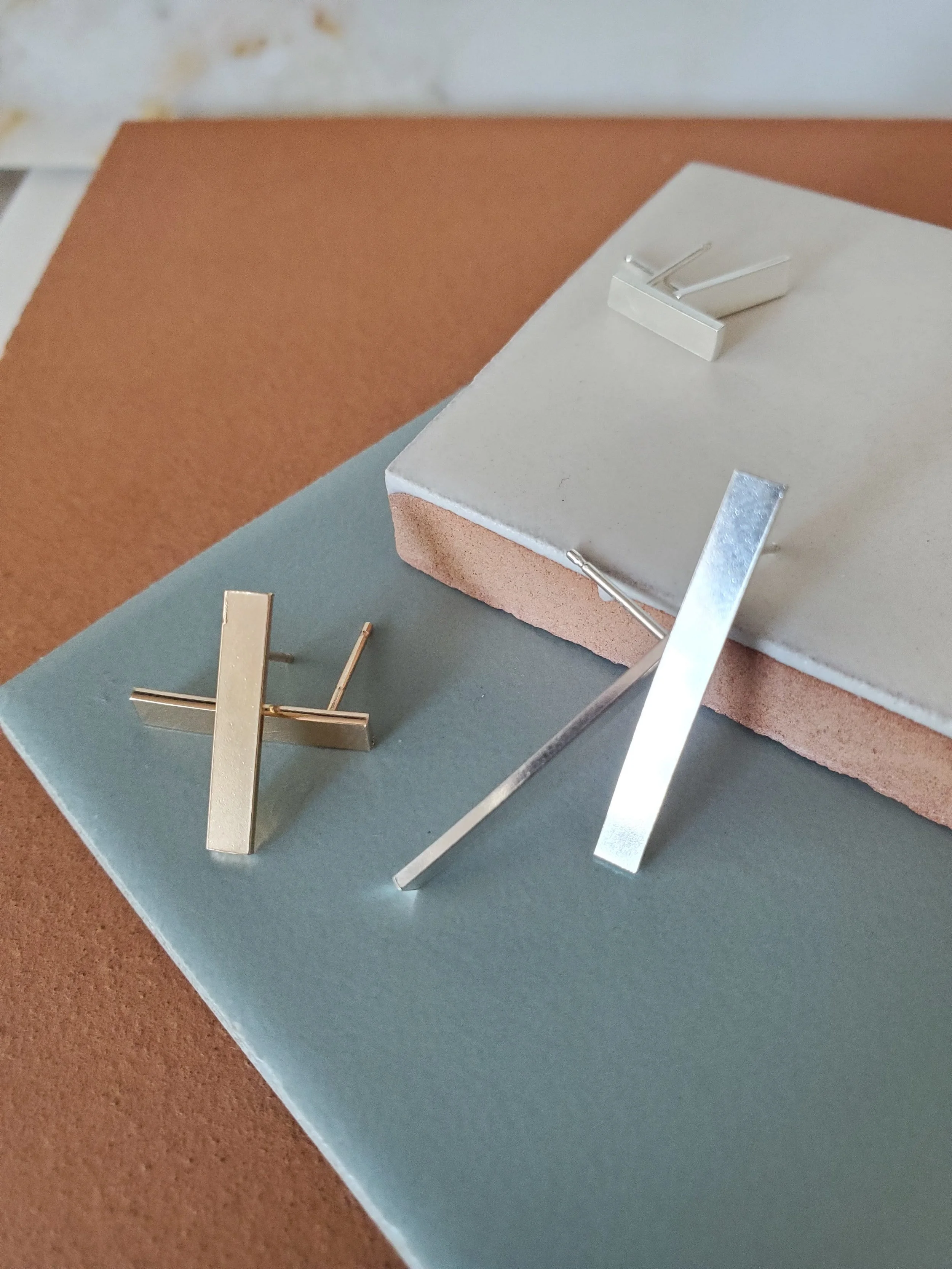 thick stick stud earring in silver or gold