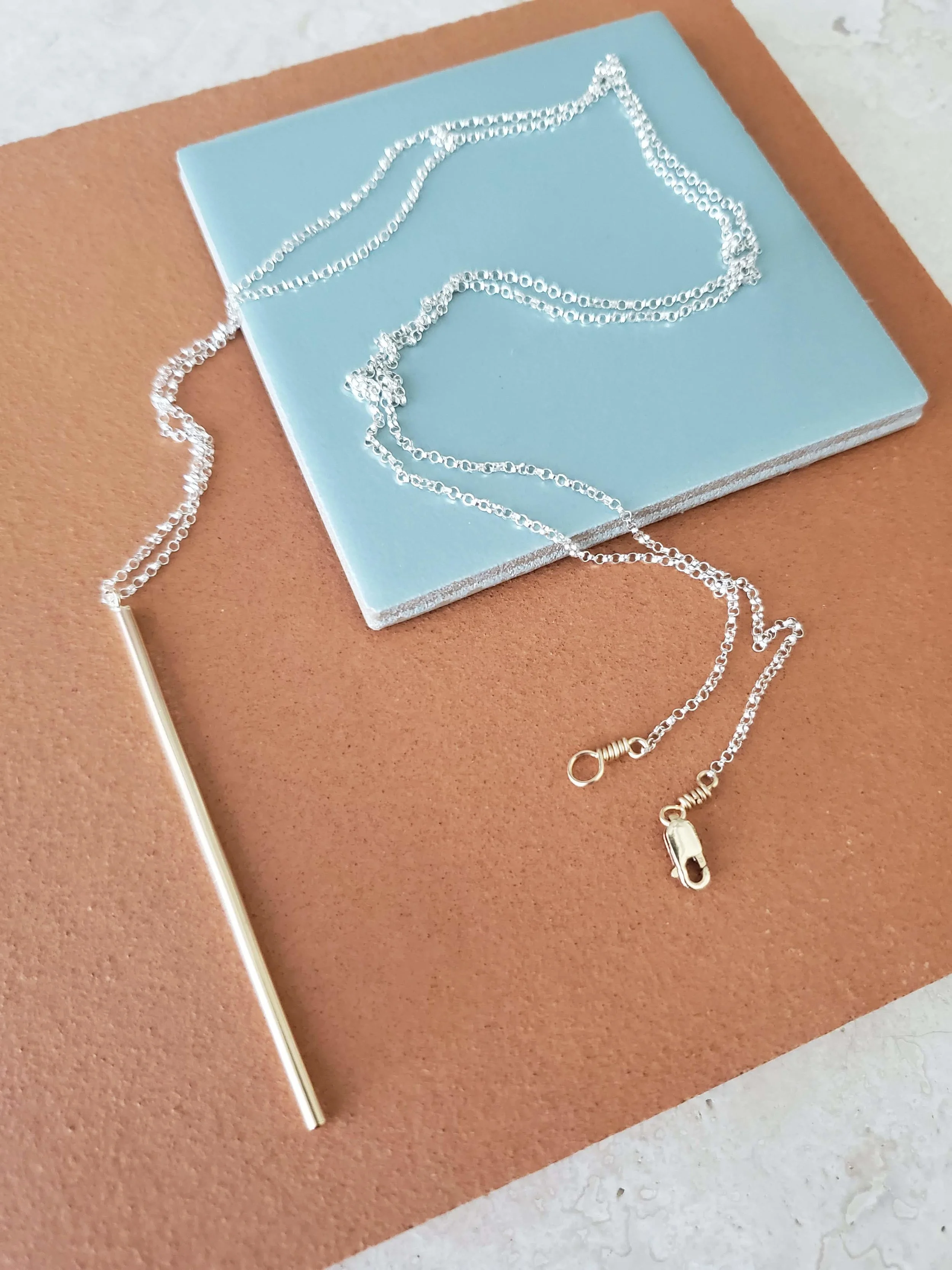 gold pendant and silver chain thin skinny and extra long necklace