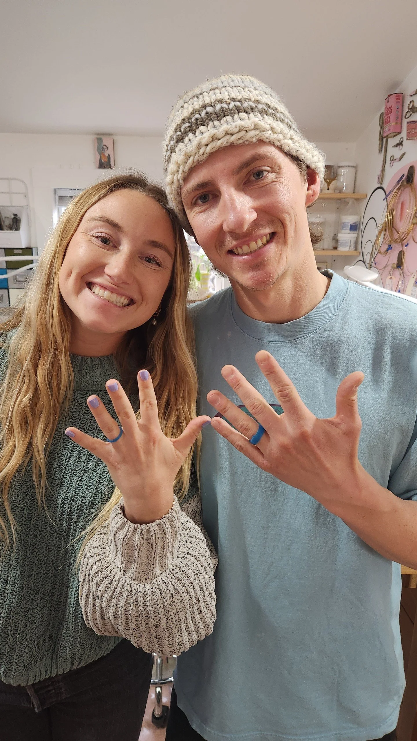 Amanda and Jesse came to the studio a couple of weeks ago and carved their rings in wax, they both created an uneven organic looking band - his was thicker and hers a little smoother. We added their fingerprints to each ring - his on hers and hers on