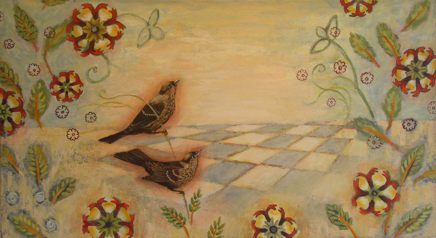 Perennial Birds, acrylic on canvas, 18" x 32", $1,800.