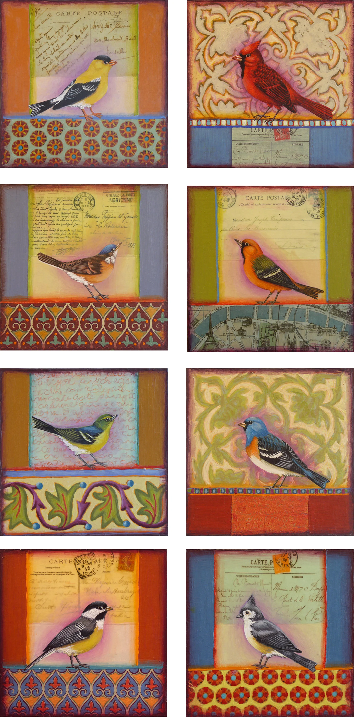 Small Garden Birds, acrylic and mixed media on panel, 8" x 8", $275. each