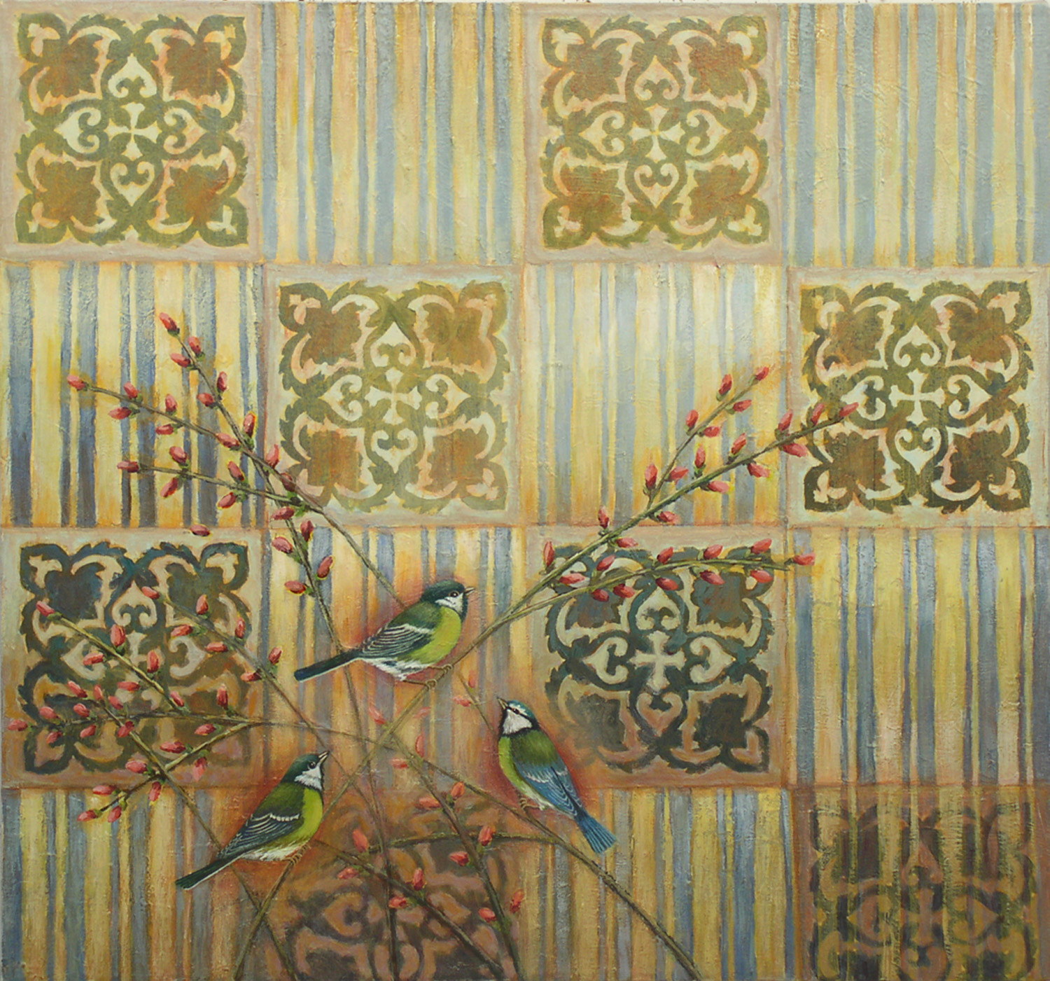 Green Birds & Tiles, acrylic on canvas, 30" x 32", $3,650.