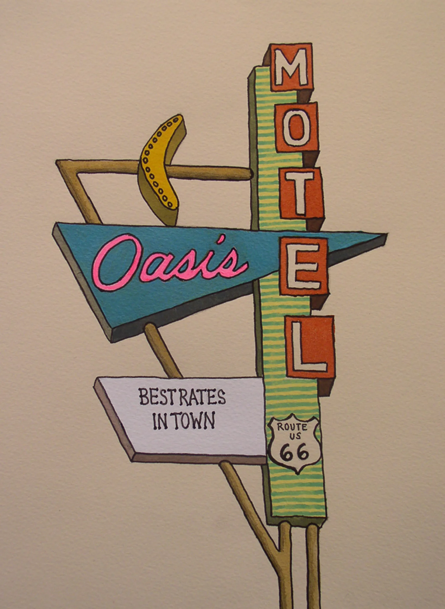 Oasis Motel, watercolor on paper, 16" x 12" framed, SOLD