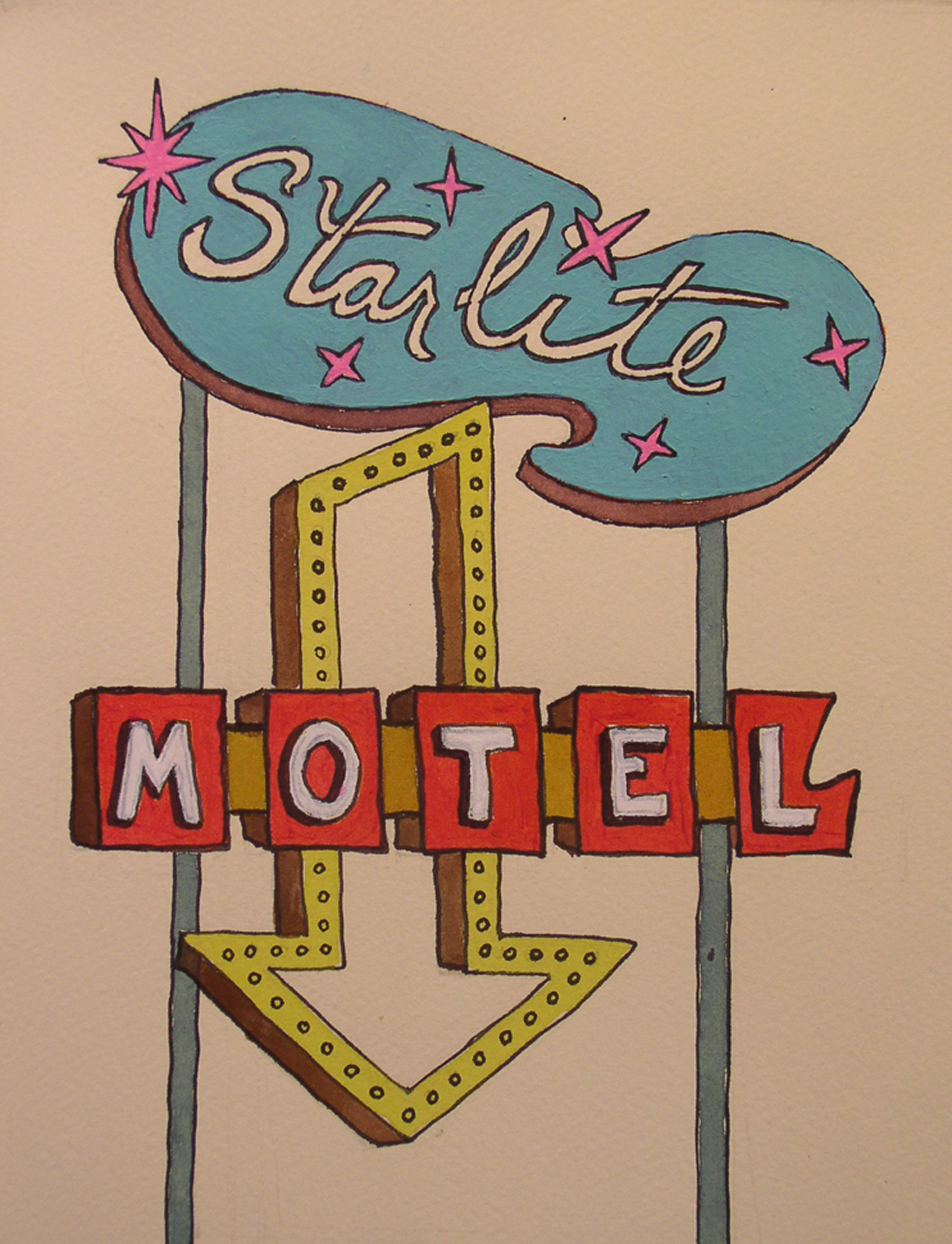 Starlight Motel, watercolor on paper, 16" x 12" framed, SOLD